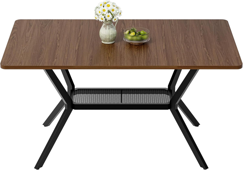 55 inch Dining Table for 4-6, Rectangle Kitchen Table with Storage Shelf, Space Saving Modern Farmhouse Design with Sturdy Metal Legs for Dining Room & Small Apartments