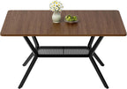 55 inch Dining Table for 4-6, Rectangle Kitchen Table with Storage Shelf, Space Saving Modern Farmhouse Design with Sturdy Metal Legs for Dining Room & Small Apartments