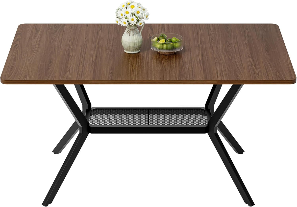 55 inch Dining Table for 4-6, Rectangle Kitchen Table with Storage Shelf, Space Saving Modern Farmhouse Design with Sturdy Metal Legs for Dining Room & Small Apartments