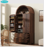 Tall Arched Kitchen Pantry Cabinet with Drawers, Mid Century Modern Fluted Storage Cupboard, Freestanding Wooden Hutch, Adjustable Shelves, Door Shelves for Dining Room Organization (Walnut)
