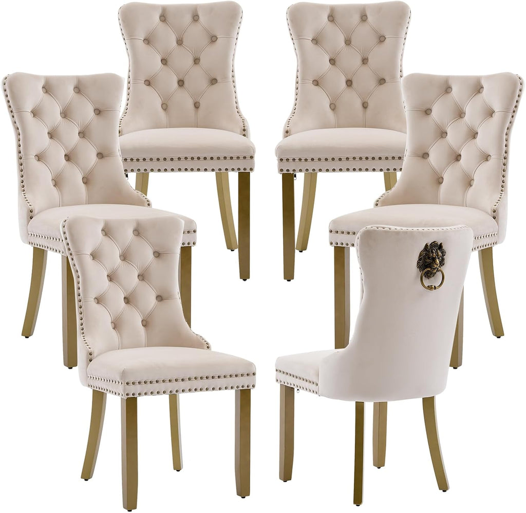 LKTART Dining Chairs Set of 6 Mid-Century Modern Chairs with Lion Head Pull Ring, Velvet Upholstered Dining Chair with Golden Wooden Legs Nailhead Trim for Kitchen Bedroom Dining Room (Beige)