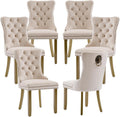 LKTART Dining Chairs Set of 6 Mid-Century Modern Chairs with Lion Head Pull Ring, Velvet Upholstered Dining Chair with Golden Wooden Legs Nailhead Trim for Kitchen Bedroom Dining Room (Beige)