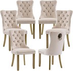 LKTART Dining Chairs Set of 6 Mid-Century Modern Chairs with Lion Head Pull Ring, Velvet Upholstered Dining Chair with Golden Wooden Legs Nailhead Trim for Kitchen Bedroom Dining Room (Beige)
