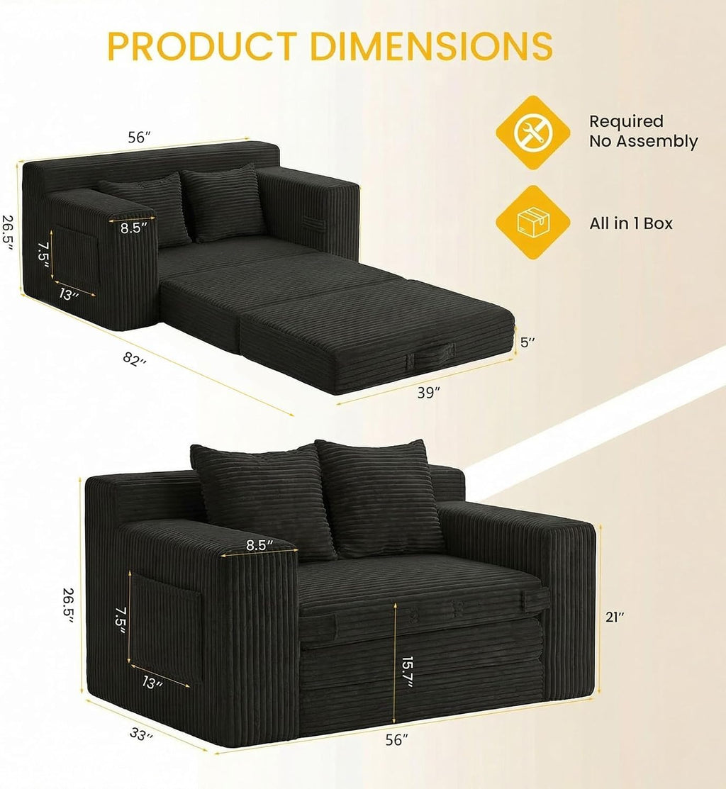 Couch, Loveseat Sleeper Sofa Bed – 3-in-1 Convertible Couch Bed with Side Pockets & Handle,Pull Out Corduroy Futon for Small Space,Living Room & Bedroom,2 Pillows Included,No Assembly