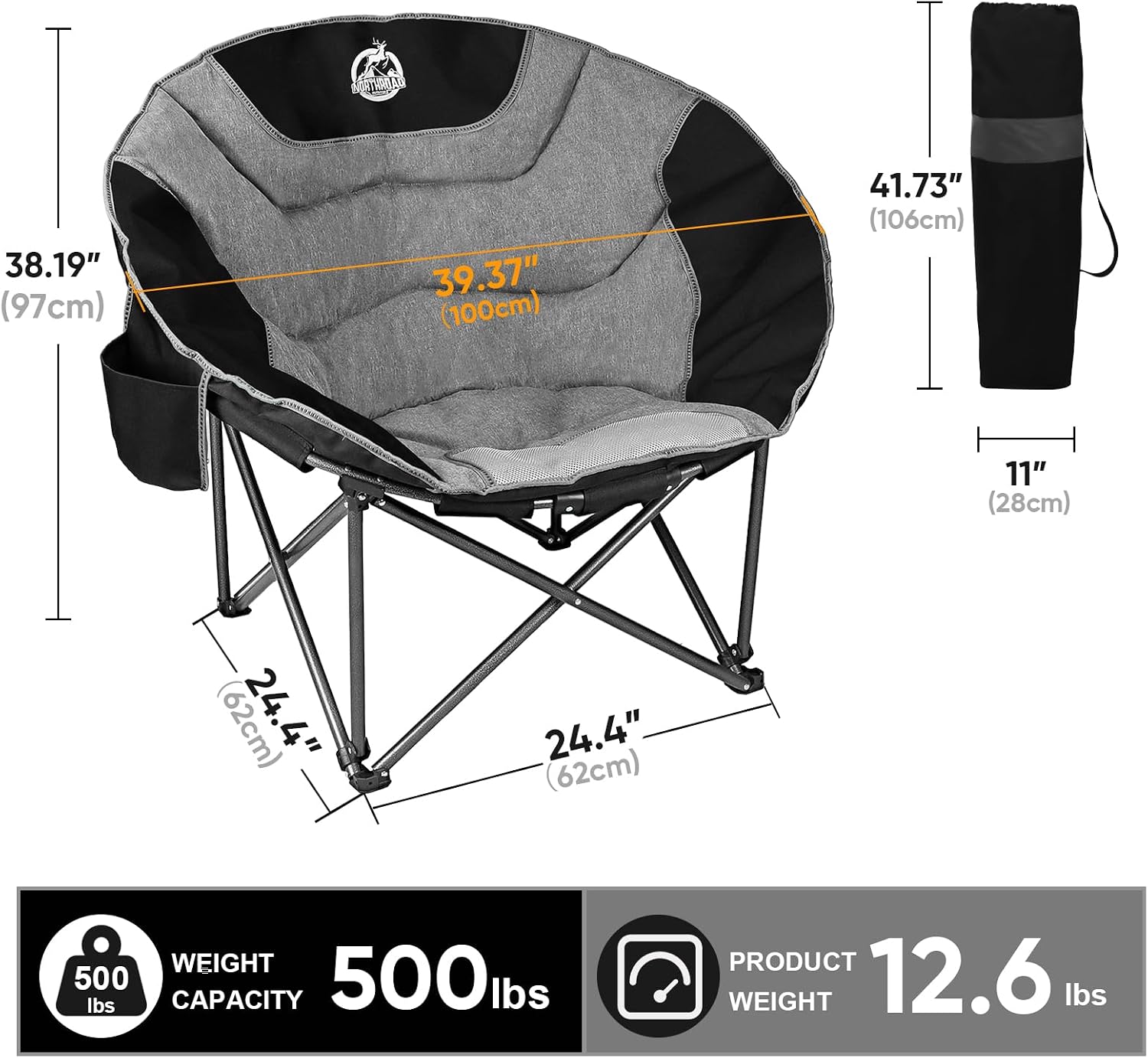 Northroad XXL Camping Moon Chair,Oversized Round Chair,Folding Padded Saucer w/Side Pocket,500lbs Capacity for Outdoor Hiking Fishing Picnic Lawn,Black&Grey
