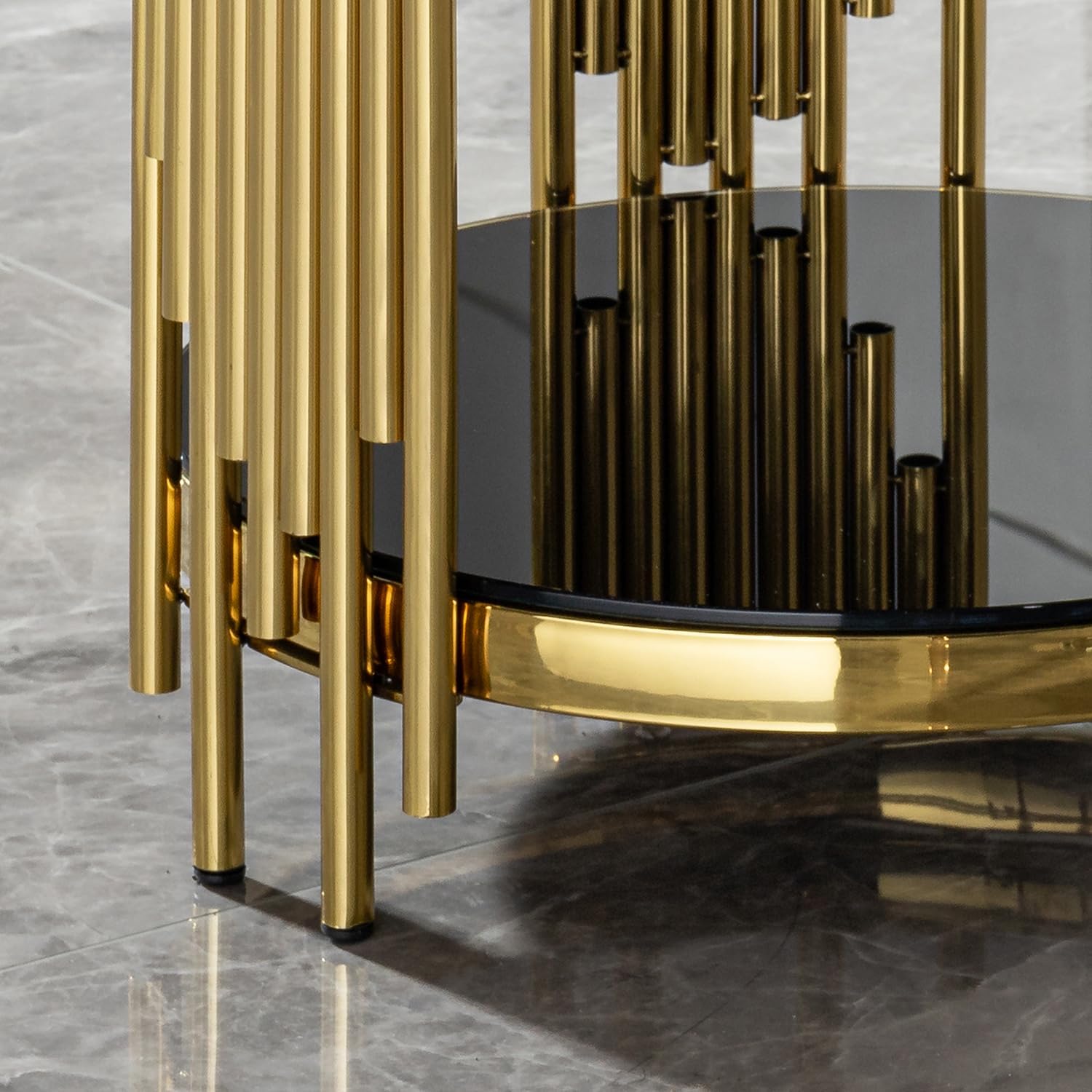 Set of 2 Modern Luxury 2-Tier Round End Tables, Black Tempered Glass Tops, Gold Stainless Steel Frames, Small Elegant Side Tables for Living Room, Bedroom, Office, or Café