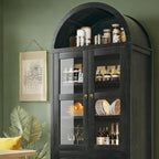 71" Tall Arched Kitchen Pantry, Pantry Cabinet, Kitchen Storage Cabinets with 2 Large Drawers & Adjustable Shelves & Glass Door for Living Room, Dining Room, Black