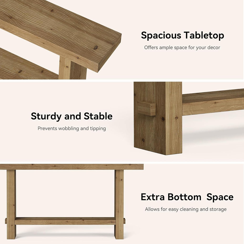 63-Inch Solid Wood Console Table, Narrow Farmhouse Entryway Table with 2-Tier Storage Shelf, for Hallway, Entrance, Living Room, Behind The Couch, Easy to Assemble, Brown