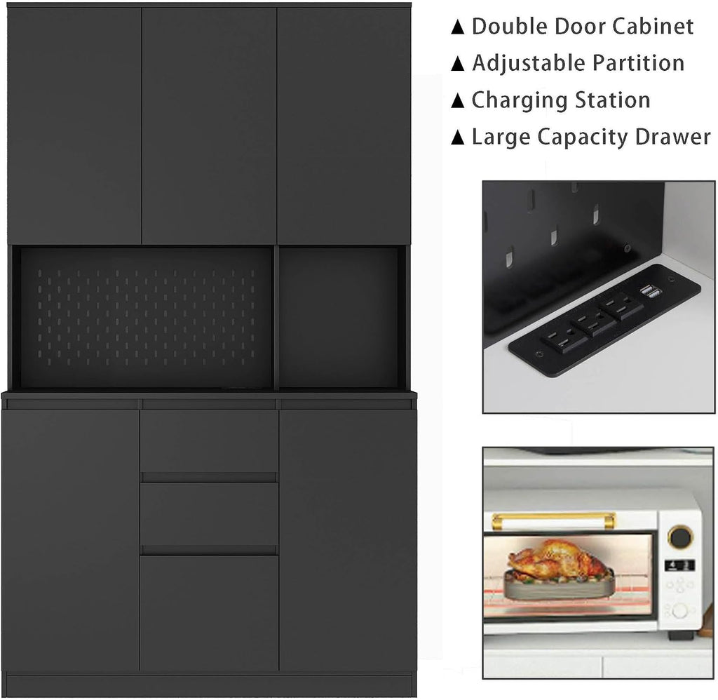74"Kitchen Pantry Cabinet with Charging Station,Freestanding Buffet Cupboards Sideboard with Drawer,Modern Pantry Cabinet with Microwave Stand for Kitchen,Living Room,Dinning Room,White (Black)