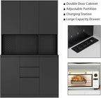 74"Kitchen Pantry Cabinet with Charging Station,Freestanding Buffet Cupboards Sideboard with Drawer,Modern Pantry Cabinet with Microwave Stand for Kitchen,Living Room,Dinning Room,White (Black)