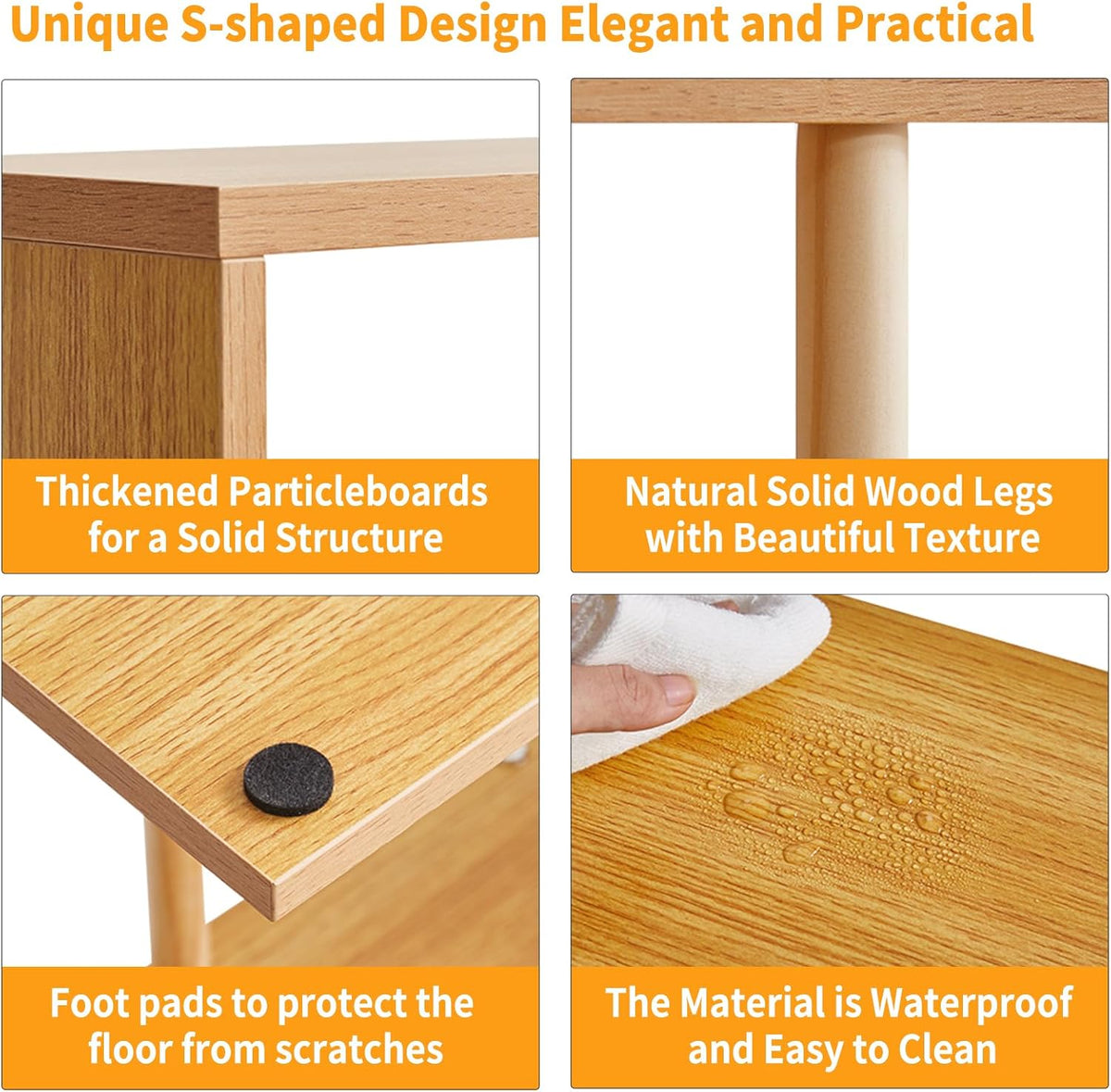 Aibiju 3-Tiered S-Shaped Side Table for Small Spaces, Freestanding Side Table, Sofa End Table, Narrow End Table, Suitable for Bedrooms Living Rooms Study Room, Natural Wood Color YD-ST003N