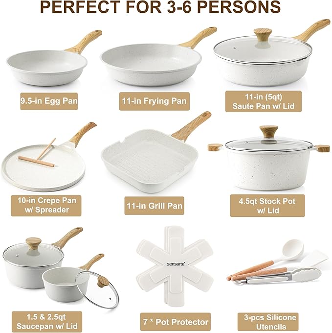 SENSARTE Nonstick Ceramic Cookware Set 23-Piece, Healthy Pots and Pans Set, Non-toxic Kitchen Cooking Set with Stay-Cool Handles, Silicone Utensils and Pot Protectors, PFAS & PFOA Free