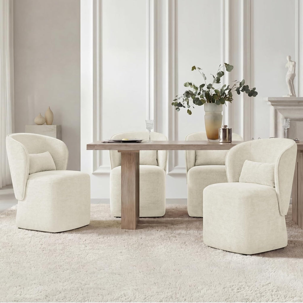 KISLOT Upholstered Dining Chairs with Wheels, Easy Assembly Stain Resistant Fabric Modern Barrel Armchair with Lumbar Cushion, Dining Room Chairs for Kitchen Living Room Bedroom, Beige, Set of 1