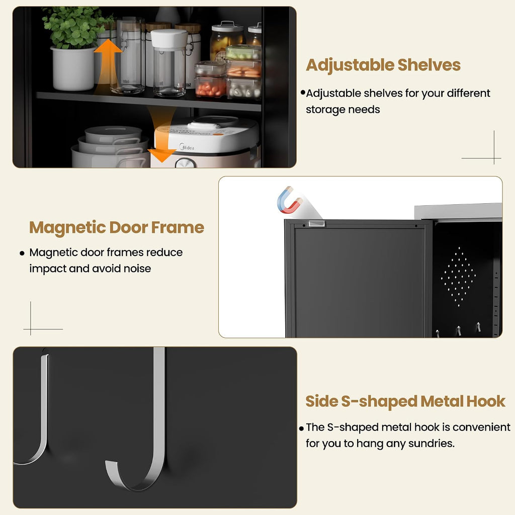 Kitchen Pantry Cabinet, 72" Tall Black Metal Storage Cabinet, Kitchen Storage with 2 Doors and 5 Adjustable Shelves, Freestanding Cupboard for Living, Dining Room and Bathroom,Assemble Required