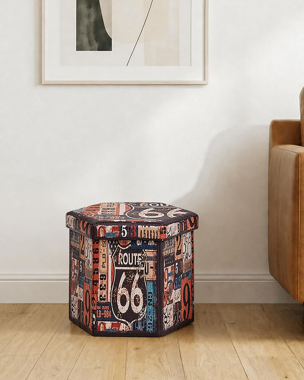 B FSOBEIIALEO Route 66 Storage Ottoman Hexagonal, Faux Leather Foot Rest Seat for Living Room, Storage Organizer 16.93"x15"x15"