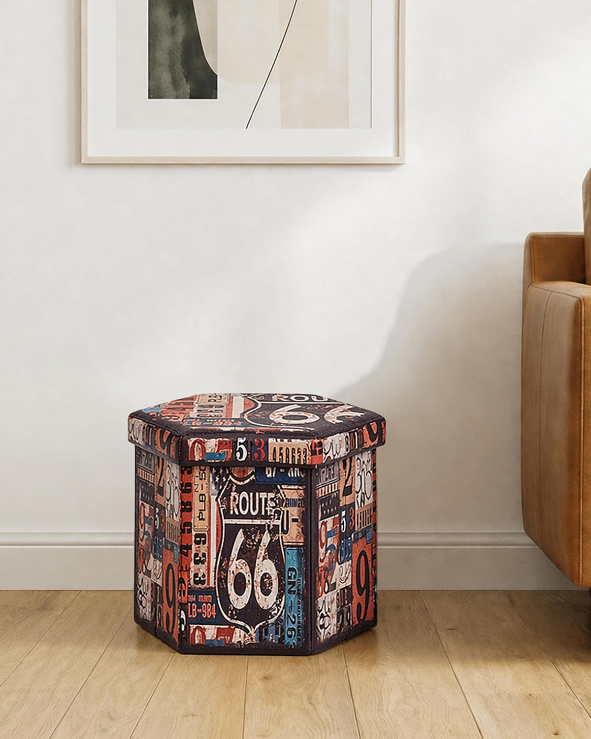 B FSOBEIIALEO Route 66 Storage Ottoman Hexagonal, Faux Leather Foot Rest Seat for Living Room, Storage Organizer 16.93"x15"x15"