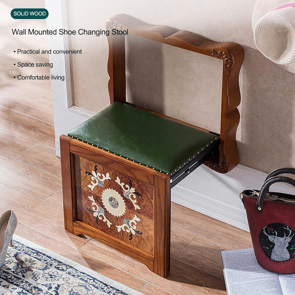 Folding Chair Wall-Mounted Invisible Shoe-Changing Stool, Extra-Wide Seat Made of Solid Wood Wall Seat Folding, for Living Room Bedroom Aisle Porch Bathroom(Brown)