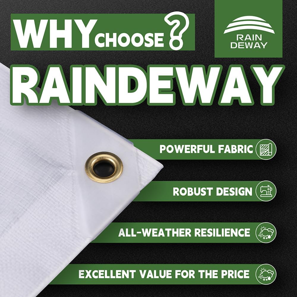 12 Mil Heavy Duty White Tarps 7' X 12', Extra Thick,Durable,Waterproof, UV Resistant, Weatherproof Poly Tarp,with Metal Grommets and Reinforced Edge (Finished Size)-by Raindeway