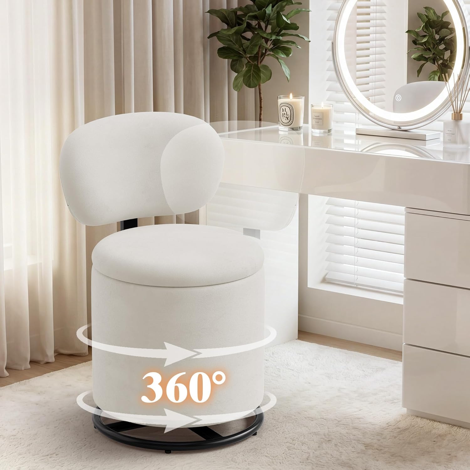 LIVELYGLOW Velvet Vanity Chair with Independent Backrest, 360° Swivel Makeup Stool with Storage, Modern Chair for Bedroom & Living Room, Easy to Assemble, White