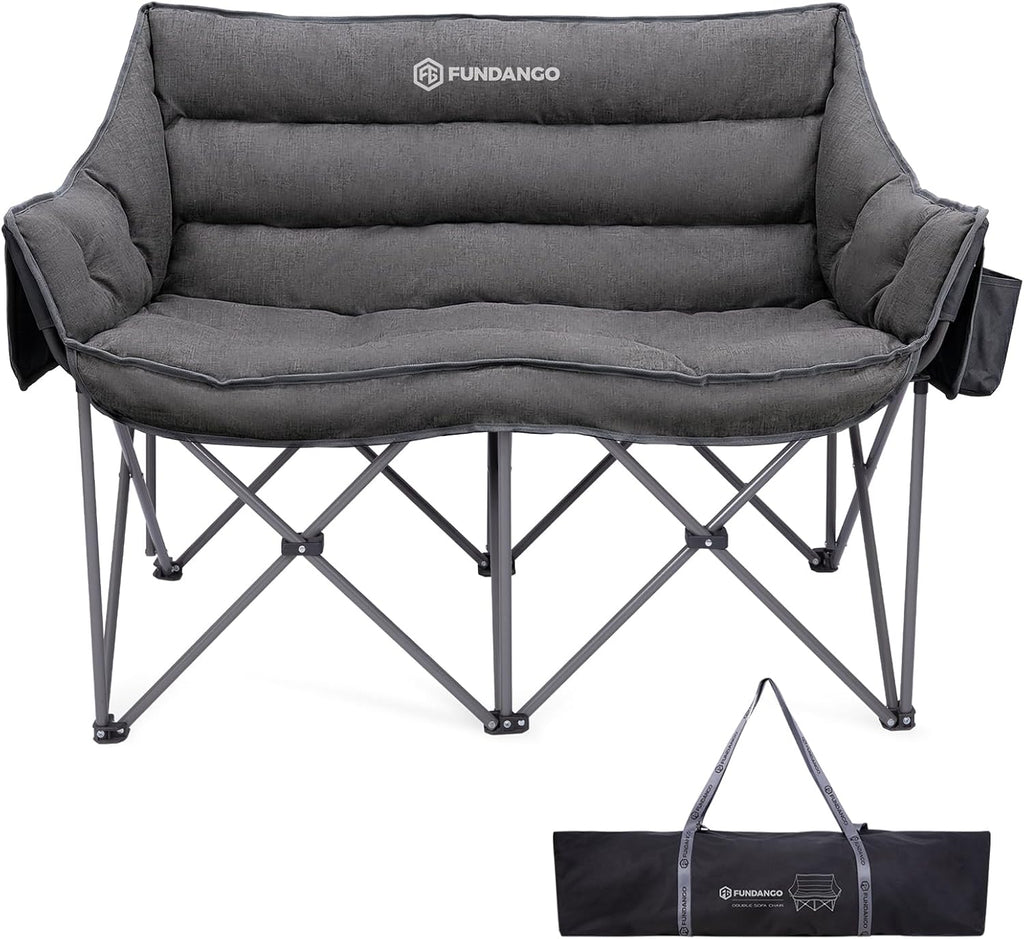 FUNDANGO Double Camping Chair, Oversized Padded Camping Loveseat for Adults, Heavy Duty Folding Camping Couch for 2 Person, Portable Outdoor Sofa with Cup Holders for Lawn, Sports, RV, Grey