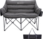 FUNDANGO Double Camping Chair, Oversized Padded Camping Loveseat for Adults, Heavy Duty Folding Camping Couch for 2 Person, Portable Outdoor Sofa with Cup Holders for Lawn, Sports, RV, Grey
