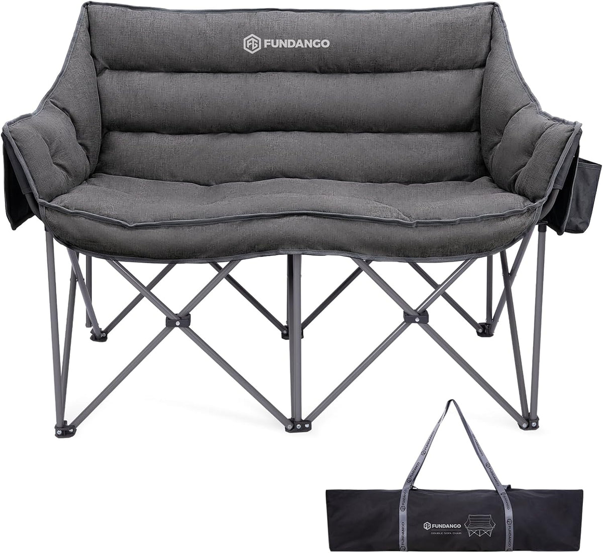 FUNDANGO Double Camping Chair, Oversized Padded Camping Loveseat for Adults, Heavy Duty Folding Camping Couch for 2 Person, Portable Outdoor Sofa with Cup Holders for Lawn, Sports, RV, Grey