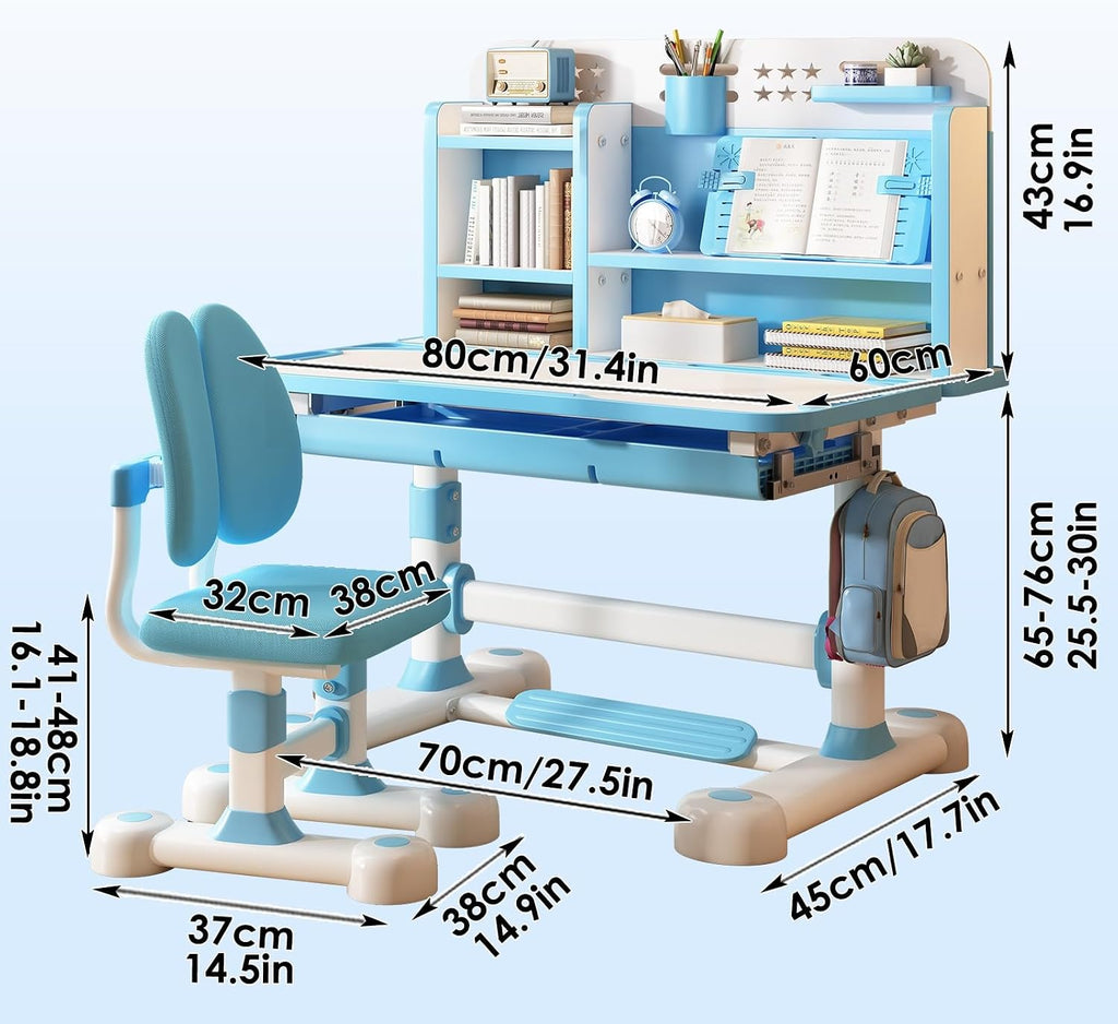 Kids Study Desk Chair Set for 3-18 Years Old, Height Adjustable Children School Study Table Chair Set with Sitting Corrector, Ergonomic Desk Chair with Book Stand, Foot Pedal Blue