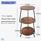 Small Round Side Table - 3 Tier End Table with Storage Shelf, Slim Industrial Coffee Table for Small Spaces, Living Room & Bedroom Narrow Gaps, Rustic Brown