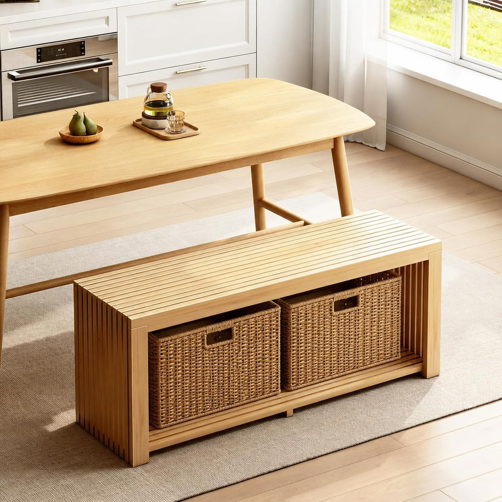 Bamboo Bench with Shelf, 35-in Entryway Bench Seat for Indoor, Natural | shoe bench for entryway, hallway, doorway, modern benches for end of bed bench, low bench for window