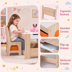 Costzon 4 in 1 Kids Table and Chairs with Building Blocks (Natural) | Wooden Toddler Activity Table Set w/ Detachable Graffiti Tabletop, Blackboard and Storage Drawers for Play, Arts & Crafts