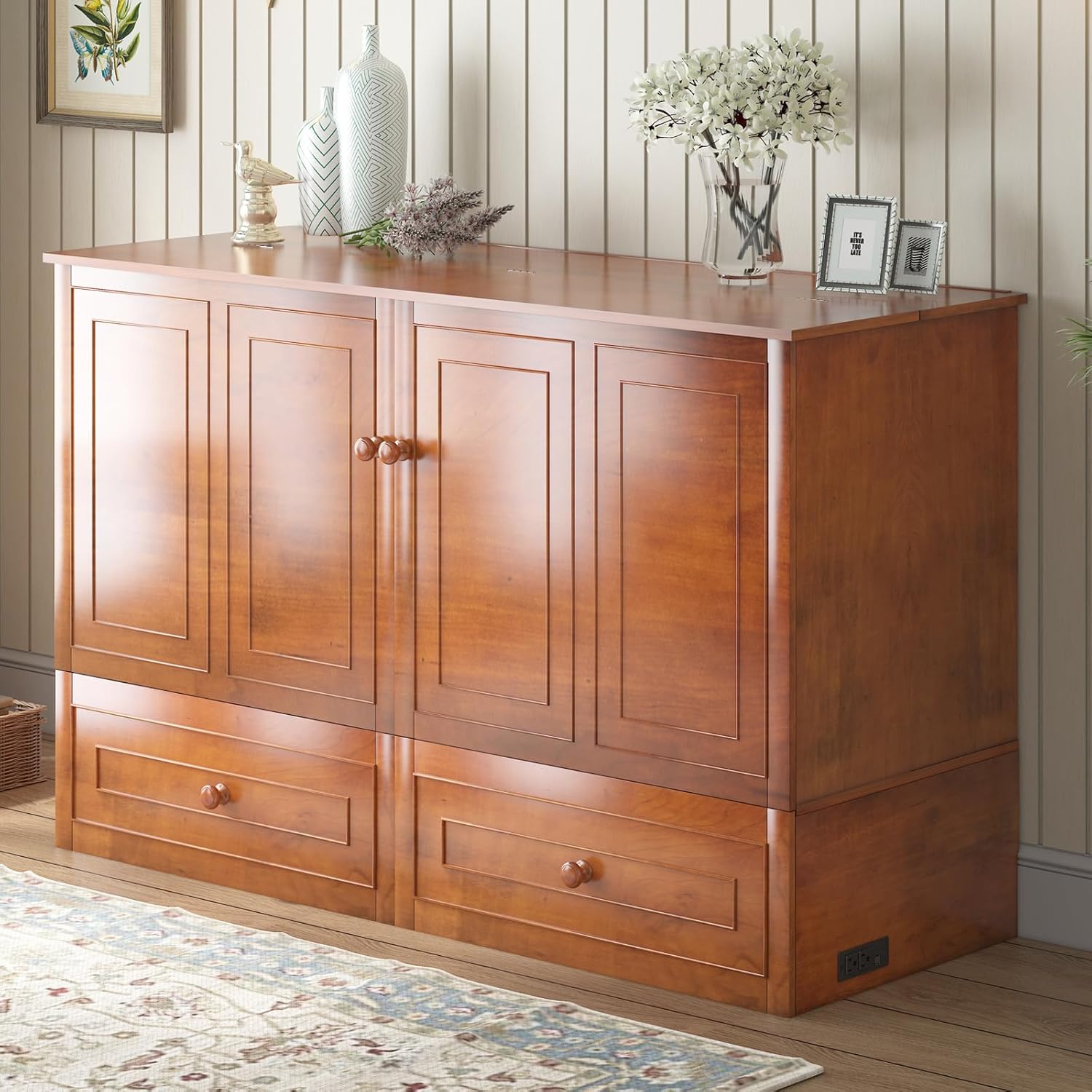 BALUS Murphy Bed, Queen Cabinet Bed, Modern Adults Guest Room Murphy Chest Cube Beds with Built-in Charging Station and Storage Drawers for Bedroom Apartment, No Mattress, Cherry
