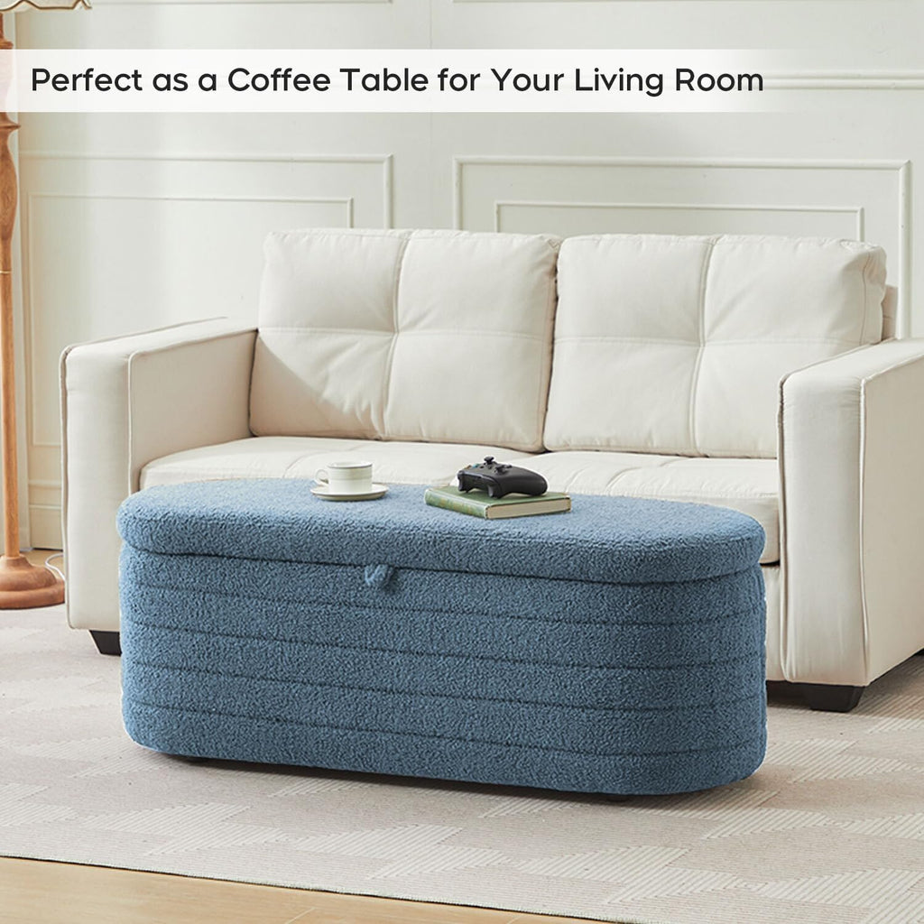 Storage Ottoman Bench End of Bed for Bedroom,45 inch Boucle Upholstered Entryway Shoe Seat Bench w/Storage,Sherpa Modern Padded Blanket Chest Stool Foot Rest for Living Room,Window Seating,Blue