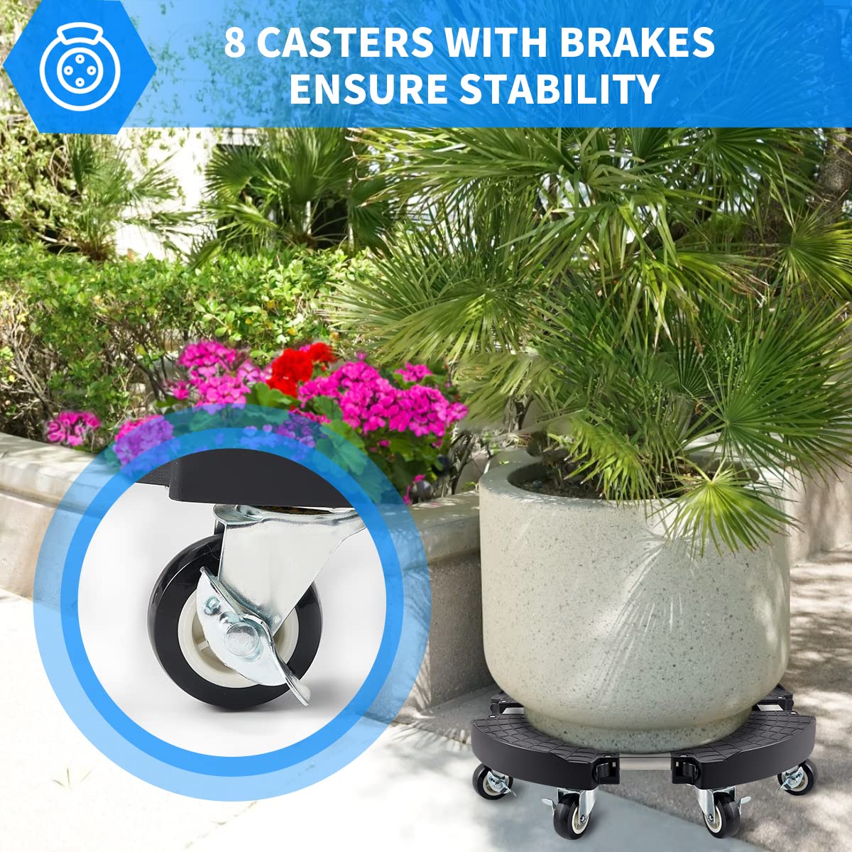 TreeGun Plant Caddy with Wheels Heavy Duty with 8 Lockable Casters, Rolling Plant Stand Adjustable for 8 inch-22 inch Outdoor Indoor Large Plant, Plant Dolly with Wheels Heavy Duty 500lbs Capacity