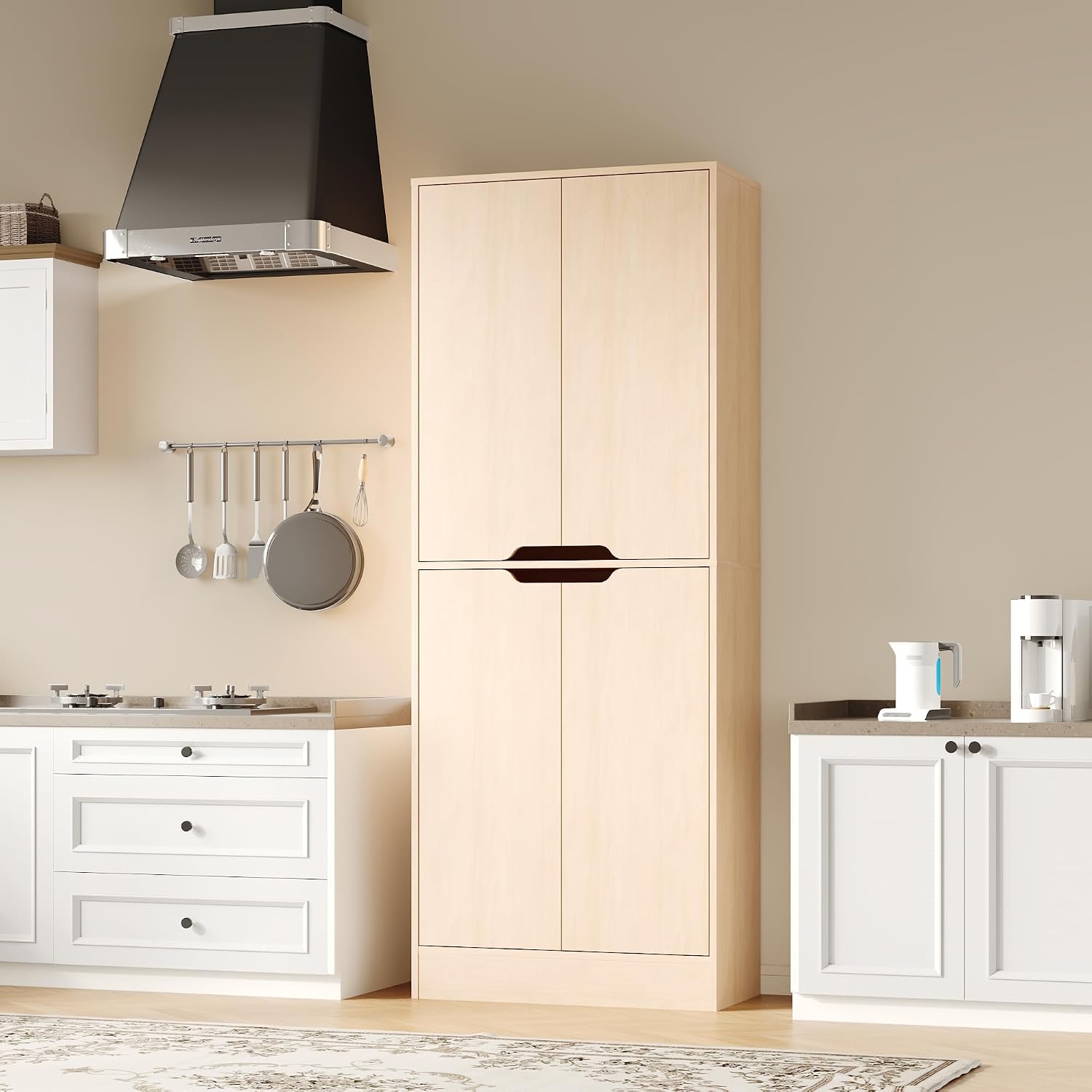 Housoul 71" Tall Kitchen Pantry Cabinet with 4 Doors, Oak | Pantry Storage Cabinet with Adjustable Shelves, Freestanding Kitchen Pantry Cabinet, Cupboard Larder Cabinet for Dining Room