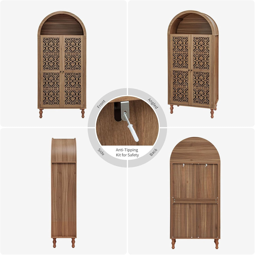 70" Tall Arched Storage Cabinet with 2 Hollow Carved Doors, Boho Kitchen Pantry with 5-Tier Storage Space, Modern Farmhouse Cupboard Bookcase for Living Room, Kitchen, Study, Walnut, 1 PCS