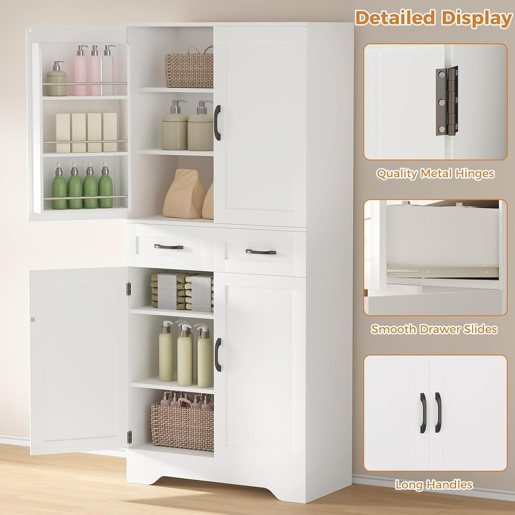71" Tall Kitchen Pantry Cabinet, Pantry Organizers and Storage Cabinet, Kitchen Storage Cabinets with Doors, Side Storage, 2 Drawer, Adjustable Shelves for Laundry, Bathroom, Garage, White, UXZSG001W
