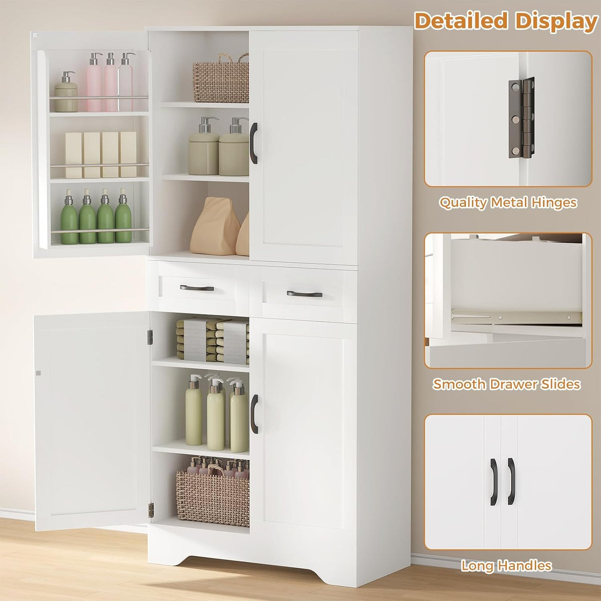 71" Tall Kitchen Pantry Cabinet, Pantry Organizers and Storage Cabinet, Kitchen Storage Cabinets with Doors, Side Storage, 2 Drawer, Adjustable Shelves for Laundry, Bathroom, Garage, White, UXZSG001W