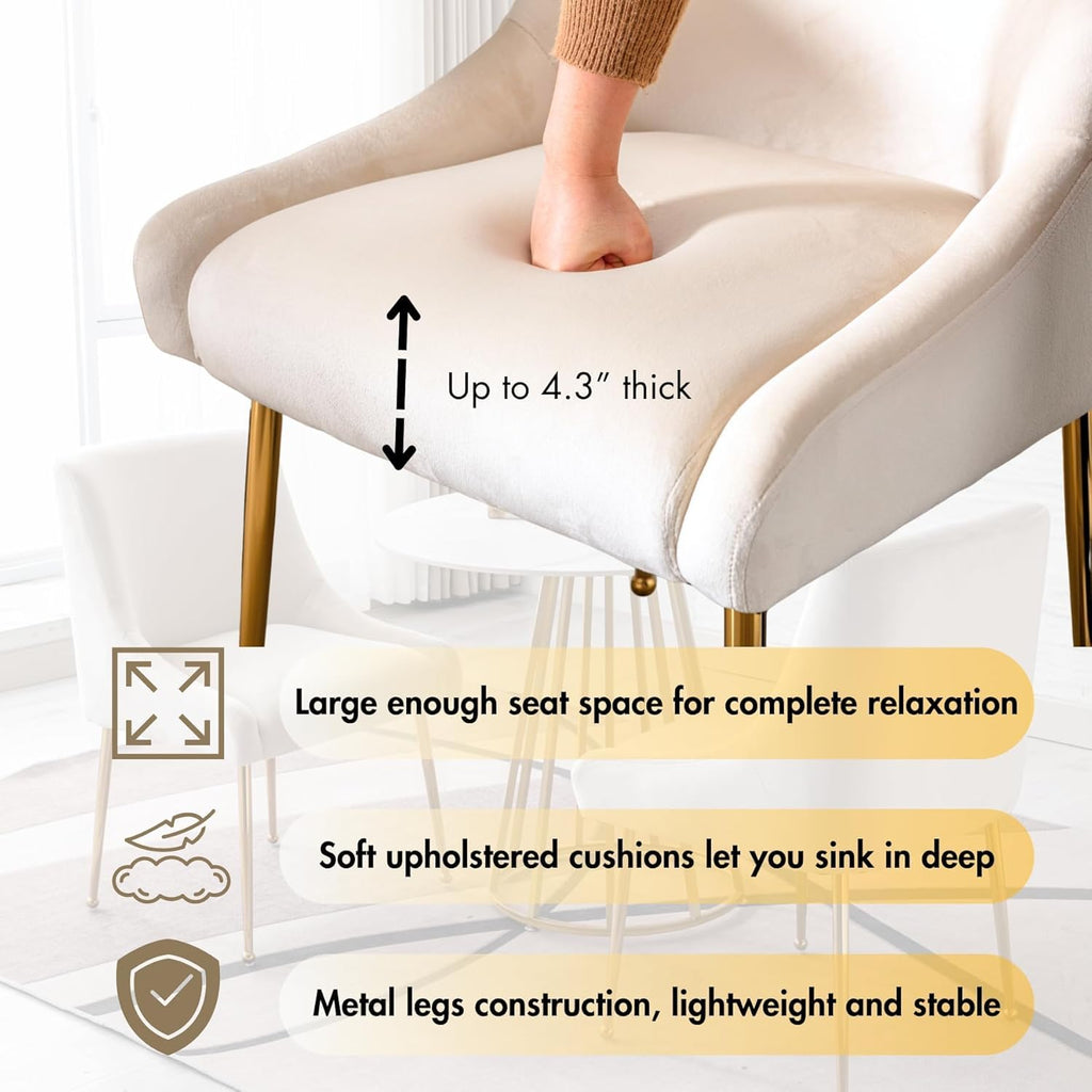 Hyfirm Modern White Dining Room Chairs Set of 2, Upholstered Velvet Dining Chair with Gold Metal Legs Accent Side Chairs for Living Room Kitchen