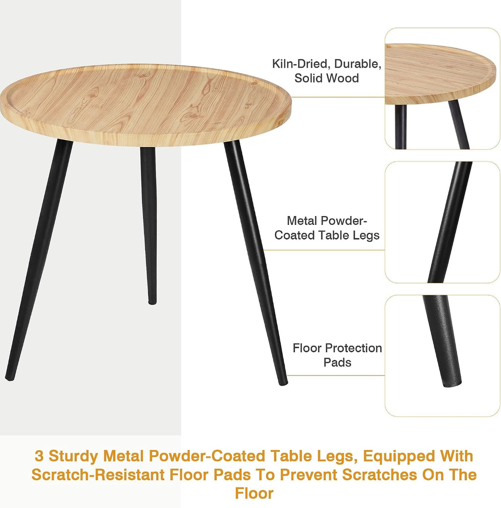 VECELO Modern Side Table, Round Small End Table, Exclusively Designed Hand-Crafted Small Nightstand, Solid Wood,Oak top with Black Metal Legsfor Bedrooms, Living Rooms, 2-Pack