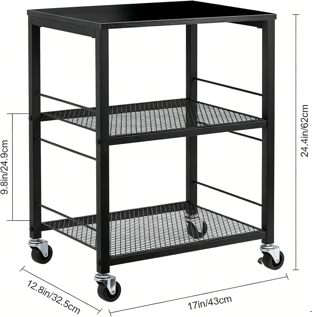 MOOACE 3 Tier End Table with Wheel, Rolling Storage Shelf Side Table Nightstand for Bedroom Kitchen Living Room Office, Stable Metal Frame and Wood Top, Black