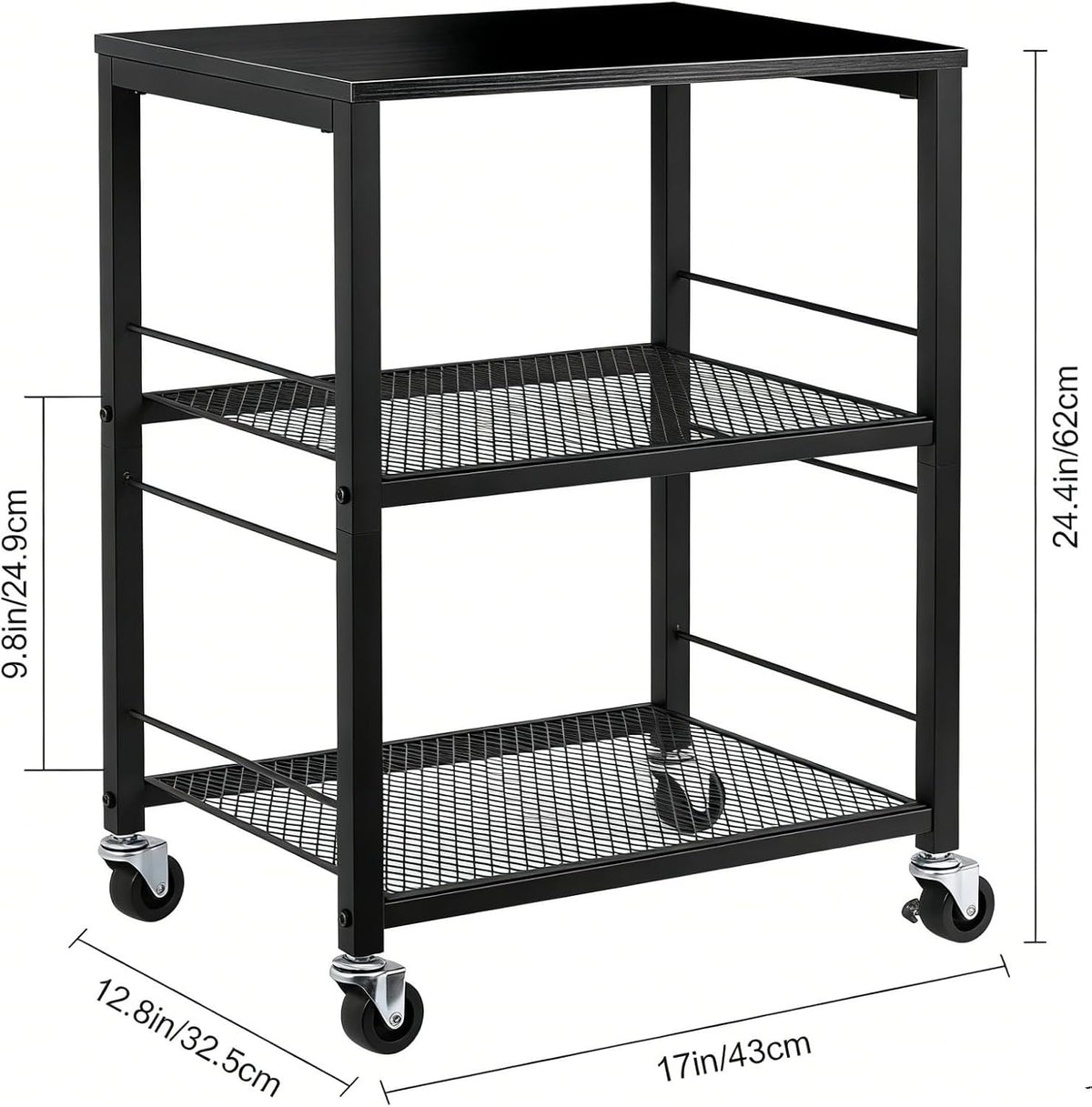 MOOACE 3 Tier End Table with Wheel, Rolling Storage Shelf Side Table Nightstand for Bedroom Kitchen Living Room Office, Stable Metal Frame and Wood Top, Black