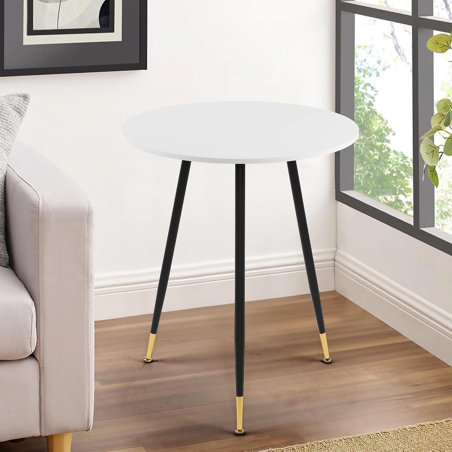 NOBPEINT Round Modern Wooden Side Table, 28 Inches End Table with 3 Metal Legs, Leisure Coffee Table (White)