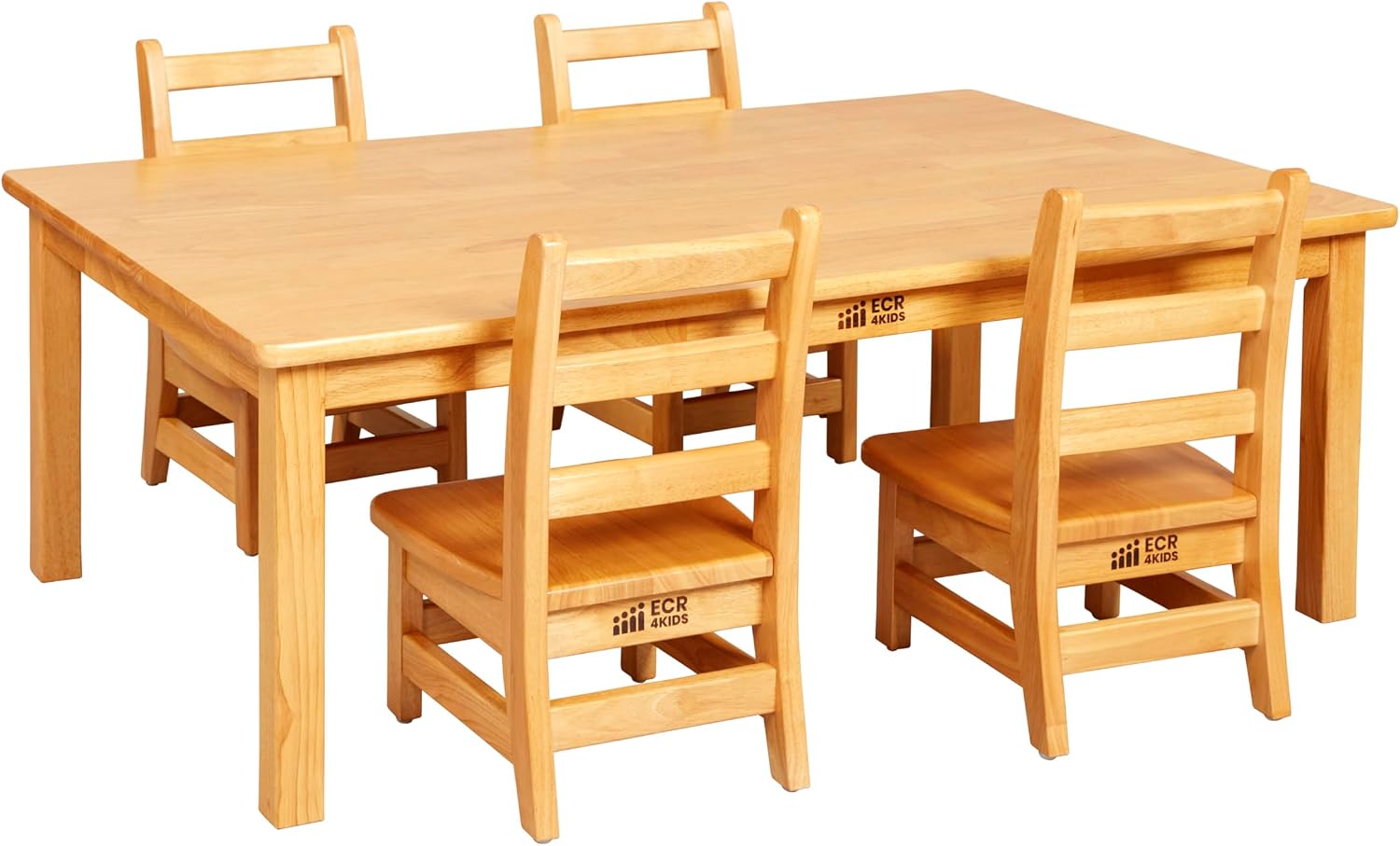 ECR4Kids 30in x 48in Rectangular Hardwood Table with 16in Legs and Four 8in Chairs, Kids Furniture, Honey, 5-Piece | Durable rubberwood, GREENGUARD Gold Certified, ANSI/BIFMA Compliant, 2-3 years, 74 lb seat capacity, classroom & home use