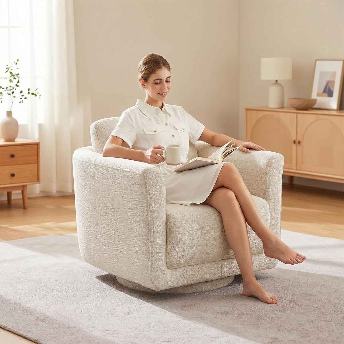 Swivel Accent Chair, 360° Chenille Barrel Armchair for Living Room, Linen