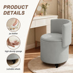 JPBSTO Rolling Round Vanity Chair with Storage, Swivel Makeup Chair with Folding Back, PU Leather Small Upholstered Ottoman for Bedroom Living Room