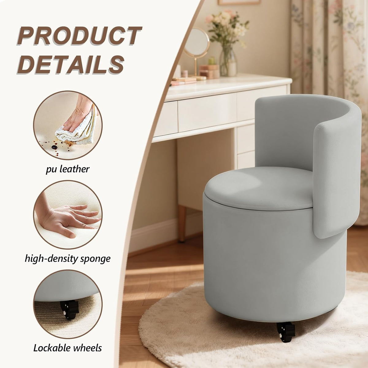 JPBSTO Rolling Round Vanity Chair with Storage, Swivel Makeup Chair with Folding Back, PU Leather Small Upholstered Ottoman for Bedroom Living Room