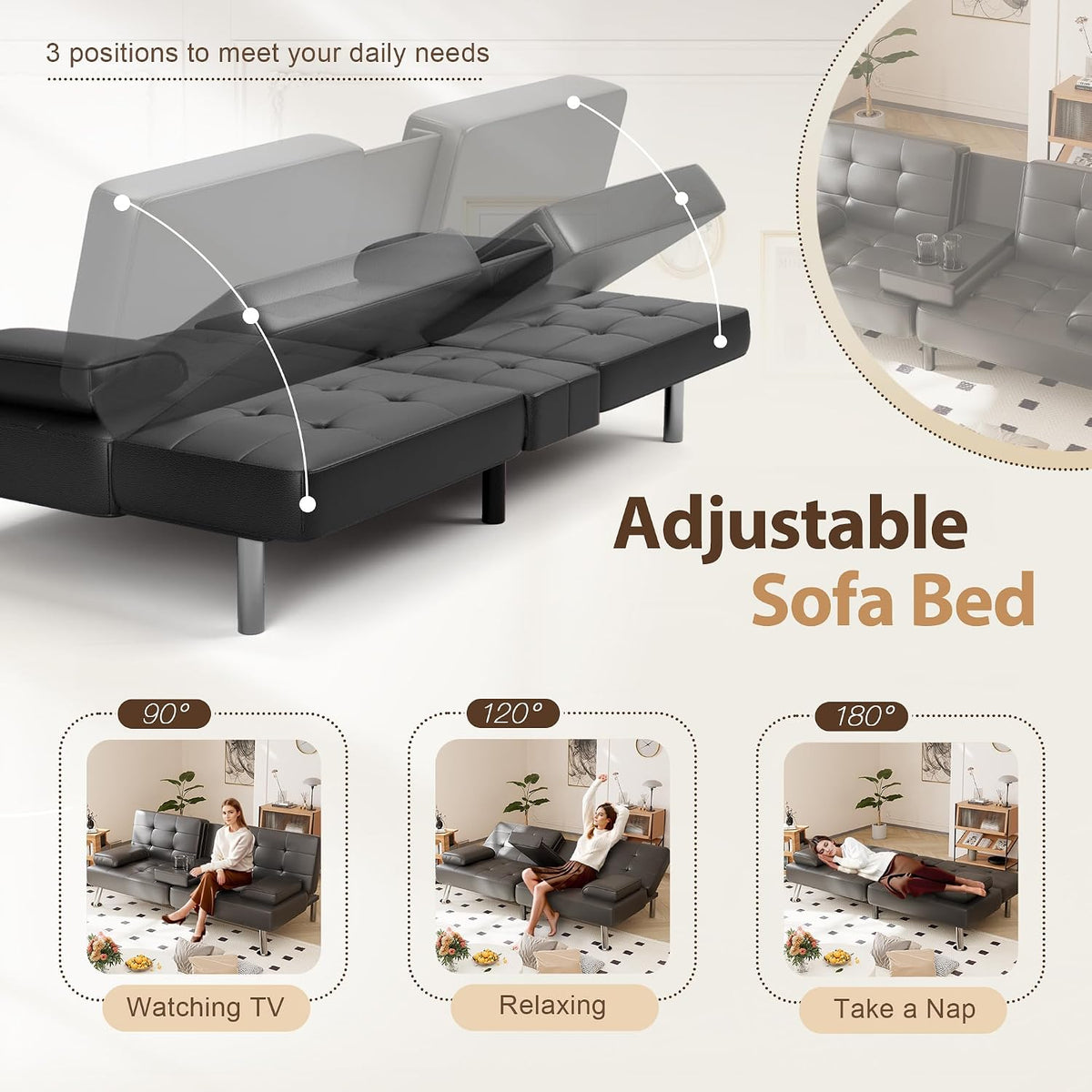 Shahoo Leather Convertible Futon Sofa Bed, Folding Sleeper Loveseat Couch | Upholstered futon with removable armrests, metal legs and 2 cup holders for living room (Black)