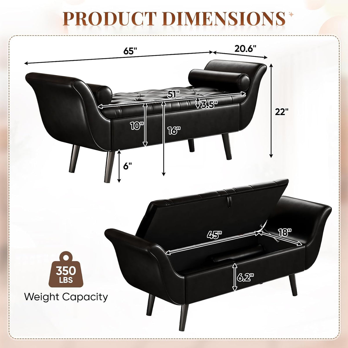 Faux Leather Storage Bench for Bedroom End of Bed, 65-Inch Rolled Arm Upholstered Bench with Hidden Storage, Black End of Bed Bench with Sturdy Wood Frame, Space-Saving Entryway Ottoman Seat (Black)