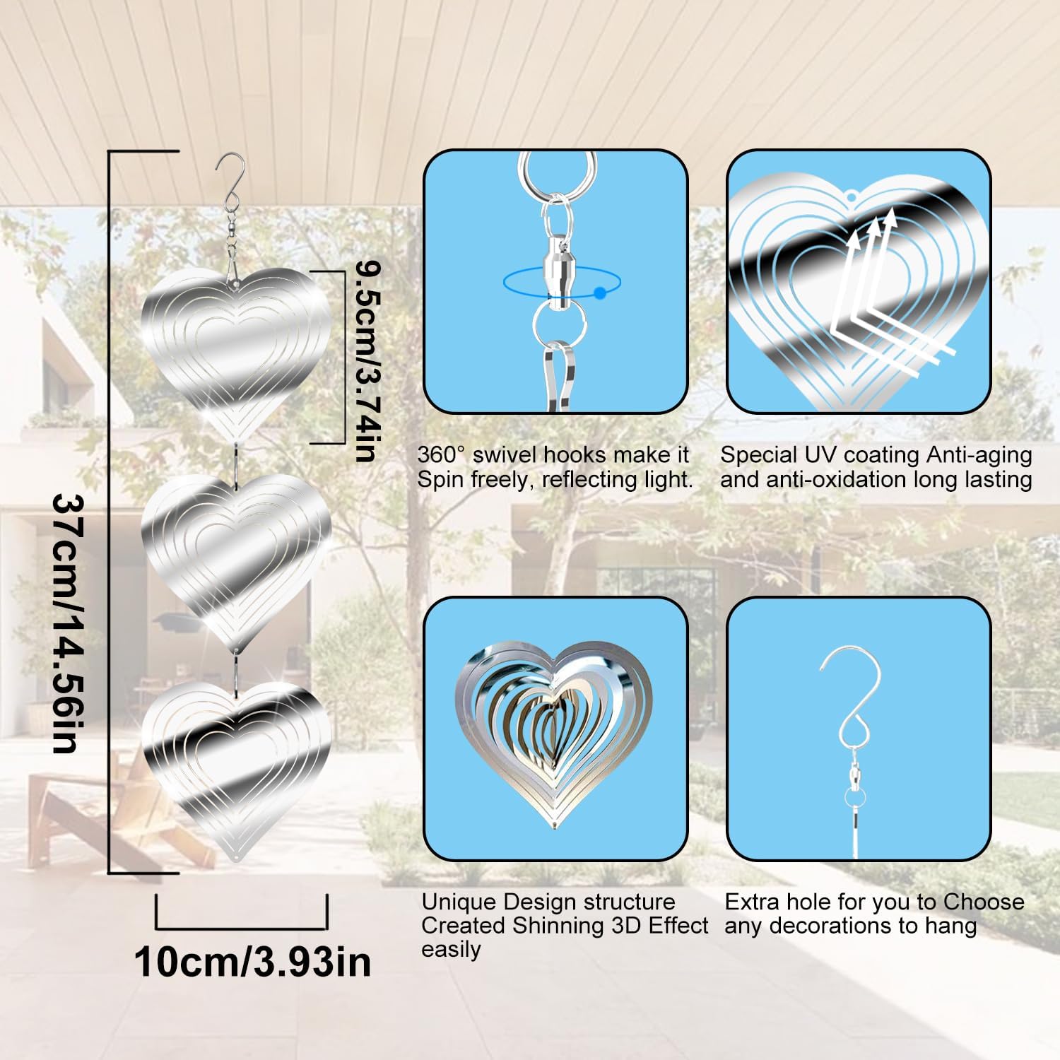 Love Stainless Steel Bird Scarer Discs Set, 3D Reflective Helix Wind Spinners Bird Reflector Sparkly Metal Outdoor Garden Décor Sculpture Ornament, Deterrent to Scare Pigeon Away from Yard Patio Farm