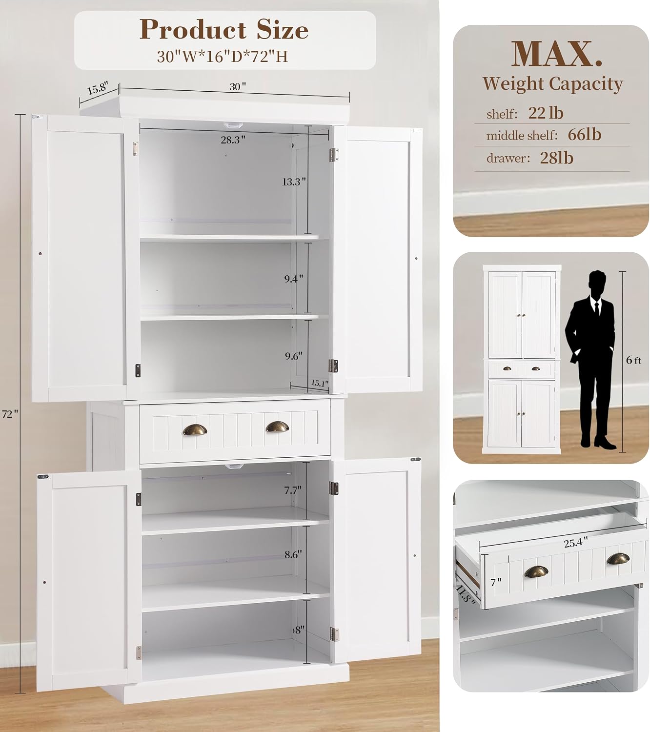 KIGOTY 72" Tall Kitchen Pantry Cabinet with Drawer and 4 Adjustable Shelves, Freestanding Pantry Storage Cabinets, Wood Cupboard Pantry Cabinet for Kitchen, Dining Room, Living Room, Off White